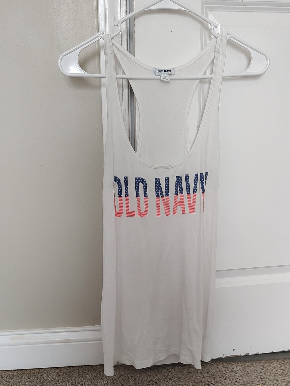 Old Navy White Racerback Tank with Navy & Red Logo